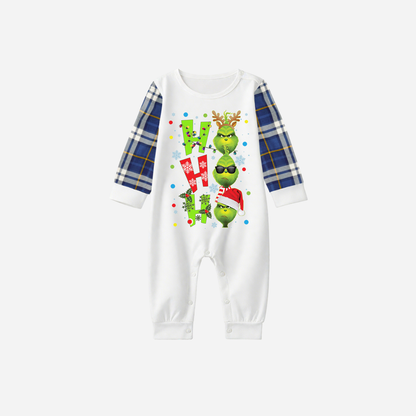 Blue Raglan Top Blue Plaid Christmas Pajamas Set With "ho ho ho" and Christmas Grinch Print