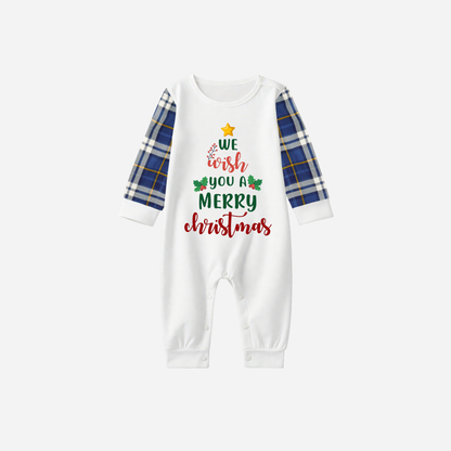 Blue Raglan Top Blue Plaid Christmas Pajamas Set With "We Wish You a Merry Christmas" Text Print