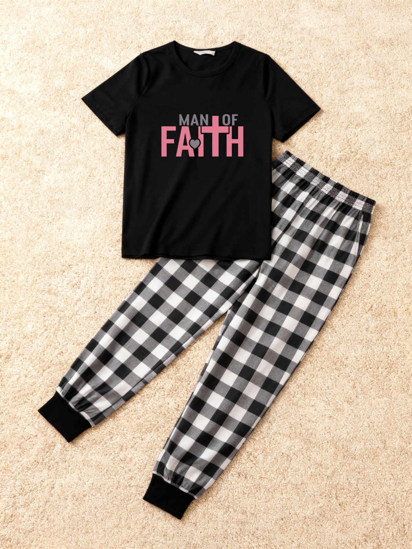 Black and White Plaid Short Sleeve Pajamas Set with Man Of Faith Text Printed