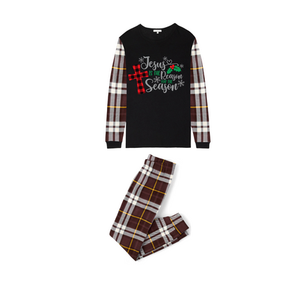 Matching Family Christmas Pajamas Jesus Is the Reason, Brown Plaid Sleeves