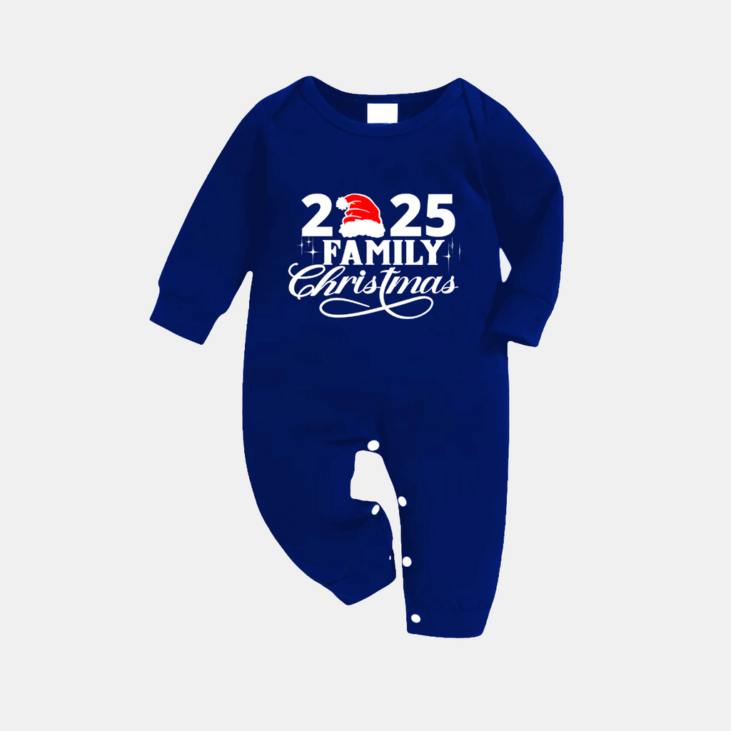 "2025 Family Christmas" Text and Santa Hat Printed Blue and White Plaid Family Matching Pajamas