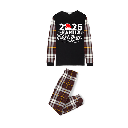 Christmas 2025 Plaid Family Matching Family Pajamas Set - Black Top, Brown Pants, Plaid Pattern