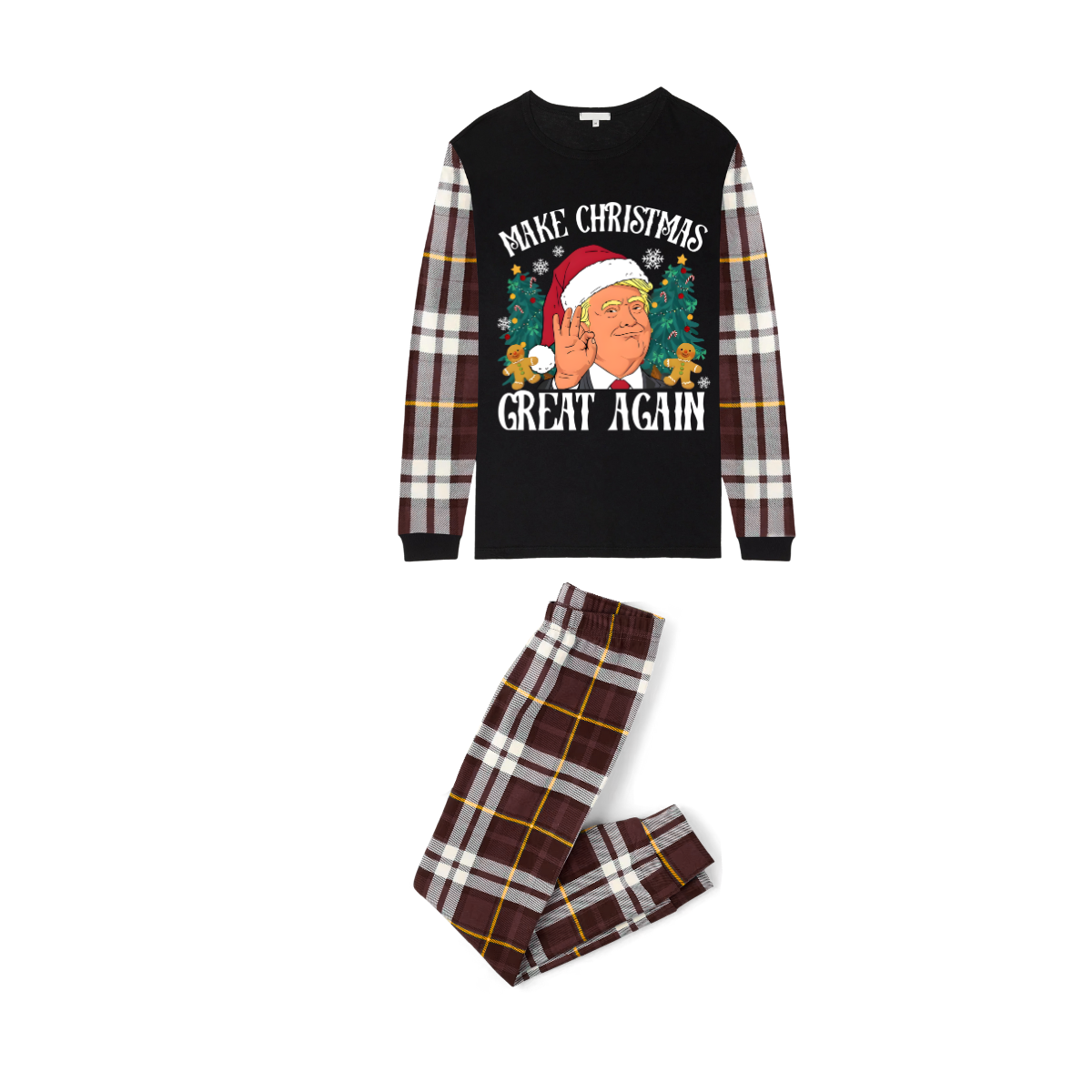 Christmas Cartoon Trump Make Christmas Great Again Family Pajamas Set - Black Top, Brown Pants, Plaid