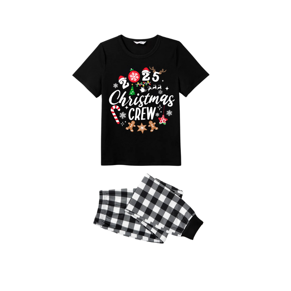 Christmas Crew 2025 Family Pajamas Set - Black Top Black and White Plaid Pants Candy Cane and Cookies Graphic
