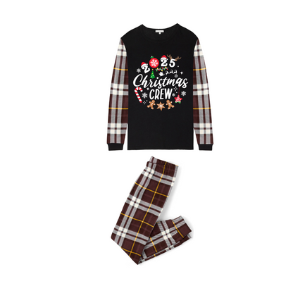 Christmas Crew 2025 Family Pajamas Set - Black Top, Brown Pants, Brown Plaid Sleeves, Gingerbread Candy Print