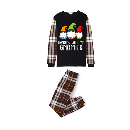 Hanging With My Gnomies Christmas 2025 Family Pajamas Set - Black Top, Brown Pants, Brown Plaid Sleeves