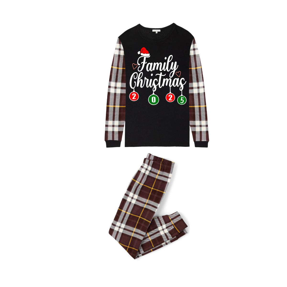 Family Christmas 2025 Pajamas Set - Black Top / Brown Plaid Sleeves & Pants
