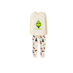 Beige Christmas Pattern Print Christmas Pajamas Set With Grinch and "EW People" Print