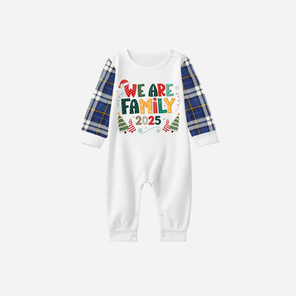 Blue Raglan Top Blue Plaid Christmas Pajamas Set With "We are Family" Colorful Text Print
