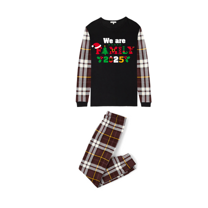We Are Family Christmas 2025 Family Pajamas Set - Black Top, Brown Pants, Brown Plaid Sleeves