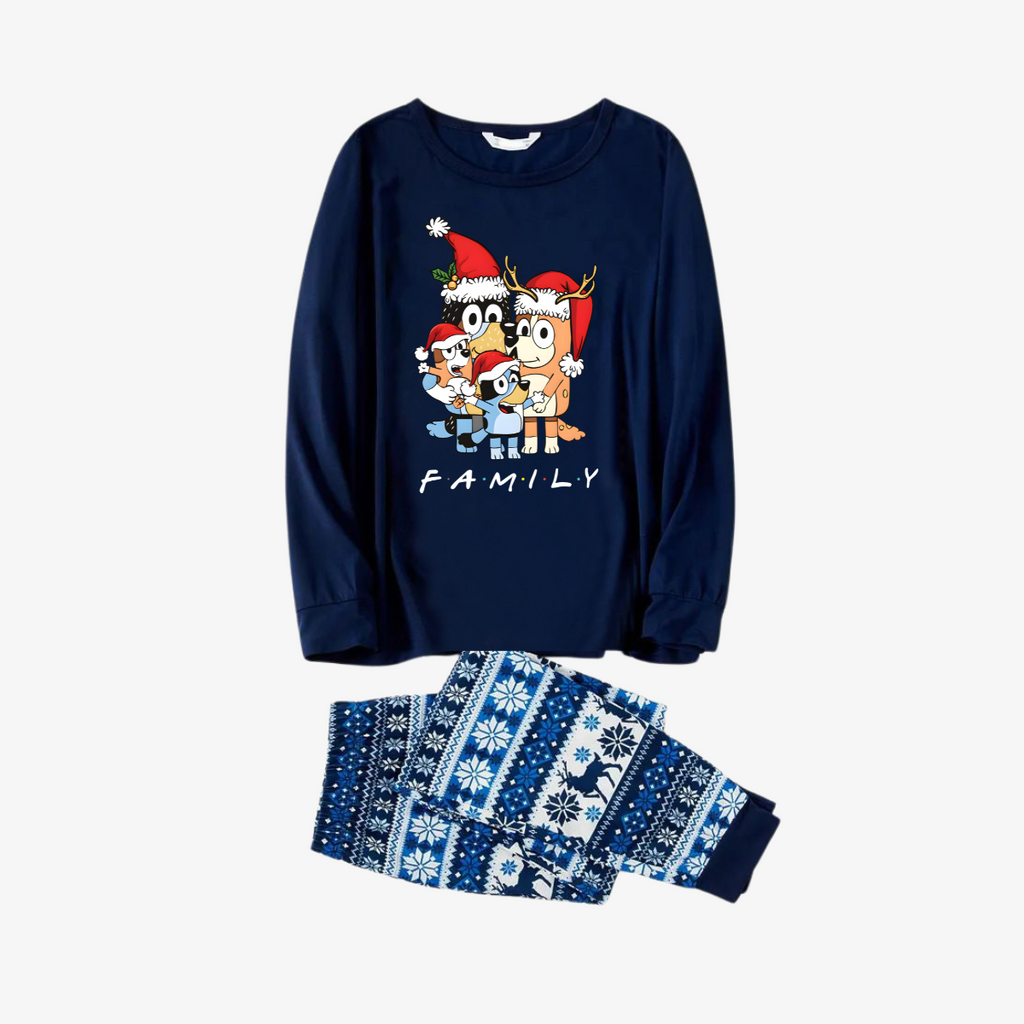 Bluey-Themed Festive Animal Pattern Navy Blue Plaid Family Pajama Sets