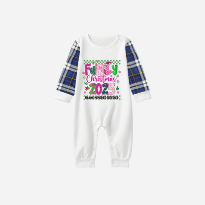 "Family Christmas 2025" Faux Glitter Blue Raglan Sleeves and Blue Plaid Christmas Pajamas Set