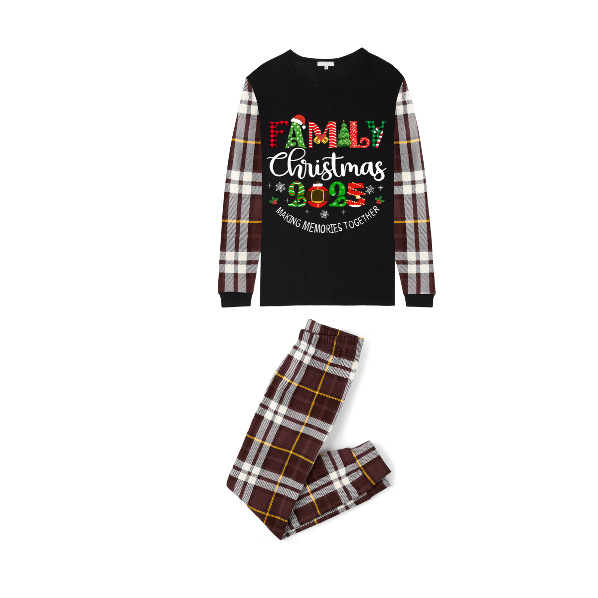Family Christmas 2025 Making Memories Family Pajamas Set - Black Top, Brown Pants, Brown Plaid Sleeves