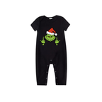 Grinch Middle Finger Family Pajamas Set - Black Top Red Pants Red Plaid Sleeves Grinch Face with Santa Hat and Gesture Print