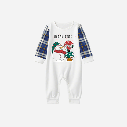 Blue Raglan Top Blue Plaid Christmas Pajamas Set With Snowman and Gnome and "Happy Time" Text Print