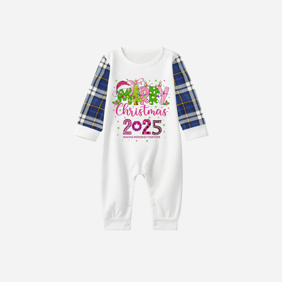 Merry Christmas 2025 Family Christmas Pajamas Set - White Top with Blue Sleeves and Blue Plaid Pants
