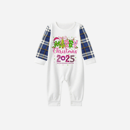 Merry Christmas 2025 Family Christmas Pajamas Set - White Top with Blue Sleeves and Blue Plaid Pants