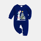 Navy & White Plaid Christmas Pajamas Set with Snowman & Christmas Tree Print