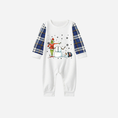 Blue Raglan Top Blue Plaid Christmas Pajamas Set With Snowman and Christmas Grinch Print