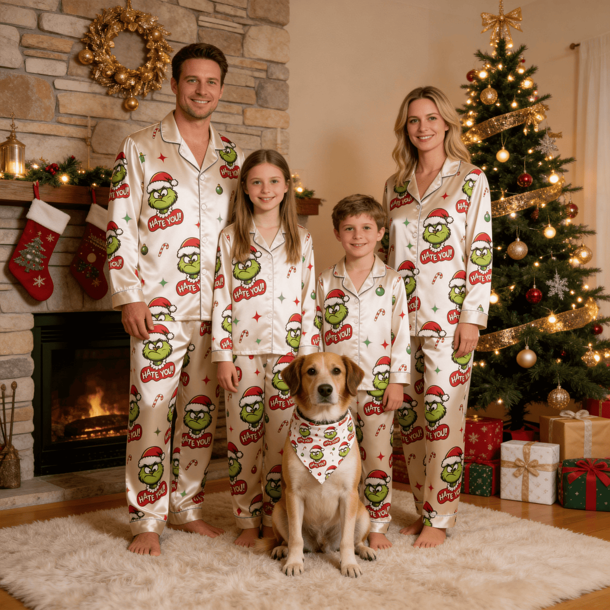 Angry Green Face & "Hate You" Text Print Satin Button-Up Family Christmas Pajamas Set