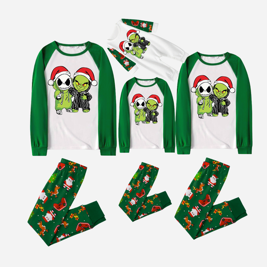 Joyful Green Raglan Top Christmas Pajamas Set With Grinch and Cartoon Pattern Print