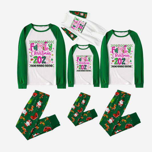 "Family Christmas 2025" Faux Glitter Green Raglan Sleeves and Green Joyful Pants Christmas Pajamas Set