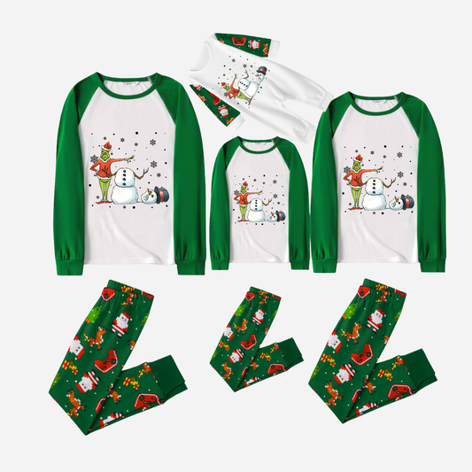 Joyful Green Raglan Top Christmas Pajamas Set With Snowman and Christmas Grinch Print