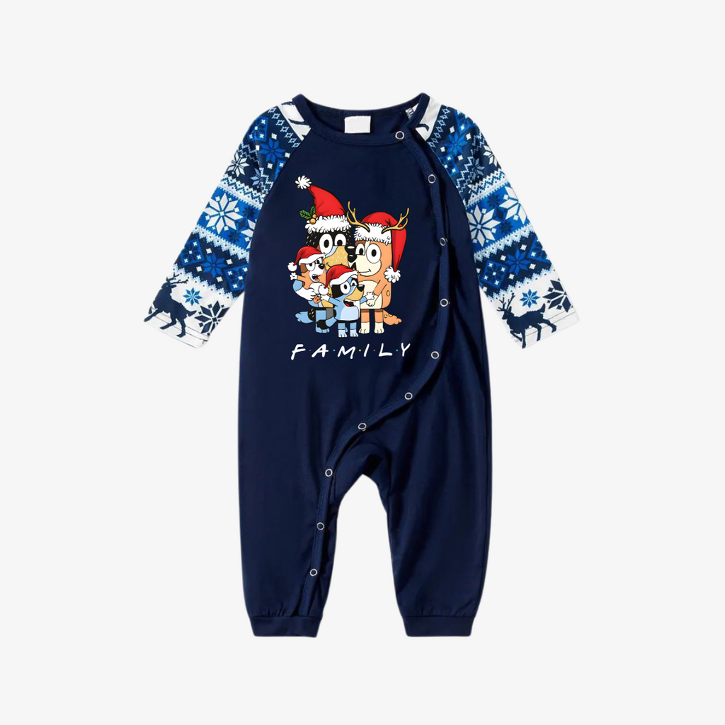 Bluey-Themed Festive Animal Pattern Navy Blue Plaid Family Pajama Sets