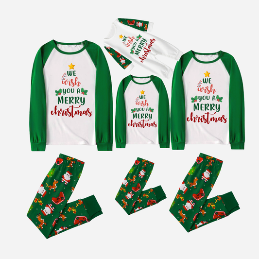Joyful Green Raglan Top Christmas Pajamas Set  With "We Wish You a Merry Christmas" Text Print