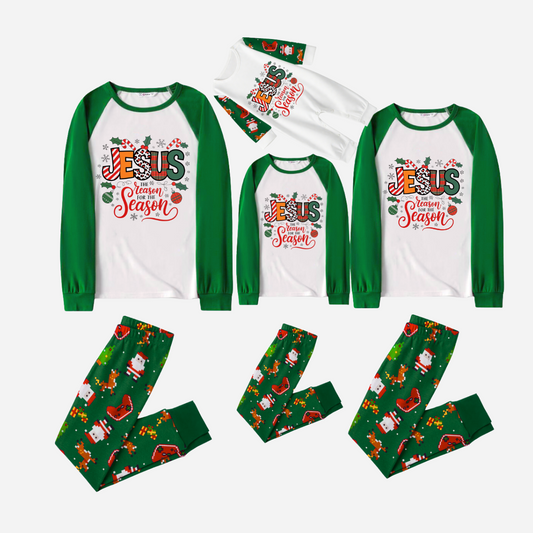 "Jesus is the REASON for the Season" Matching Christmas Pajamas Set - Green Raglan Sleeves Santa Print Pants Pajamas