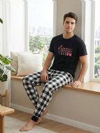 Strong Than The StrongText Printed Black Short Sleeve and Black&White Plaid Pants Family Matching Pajamas Set