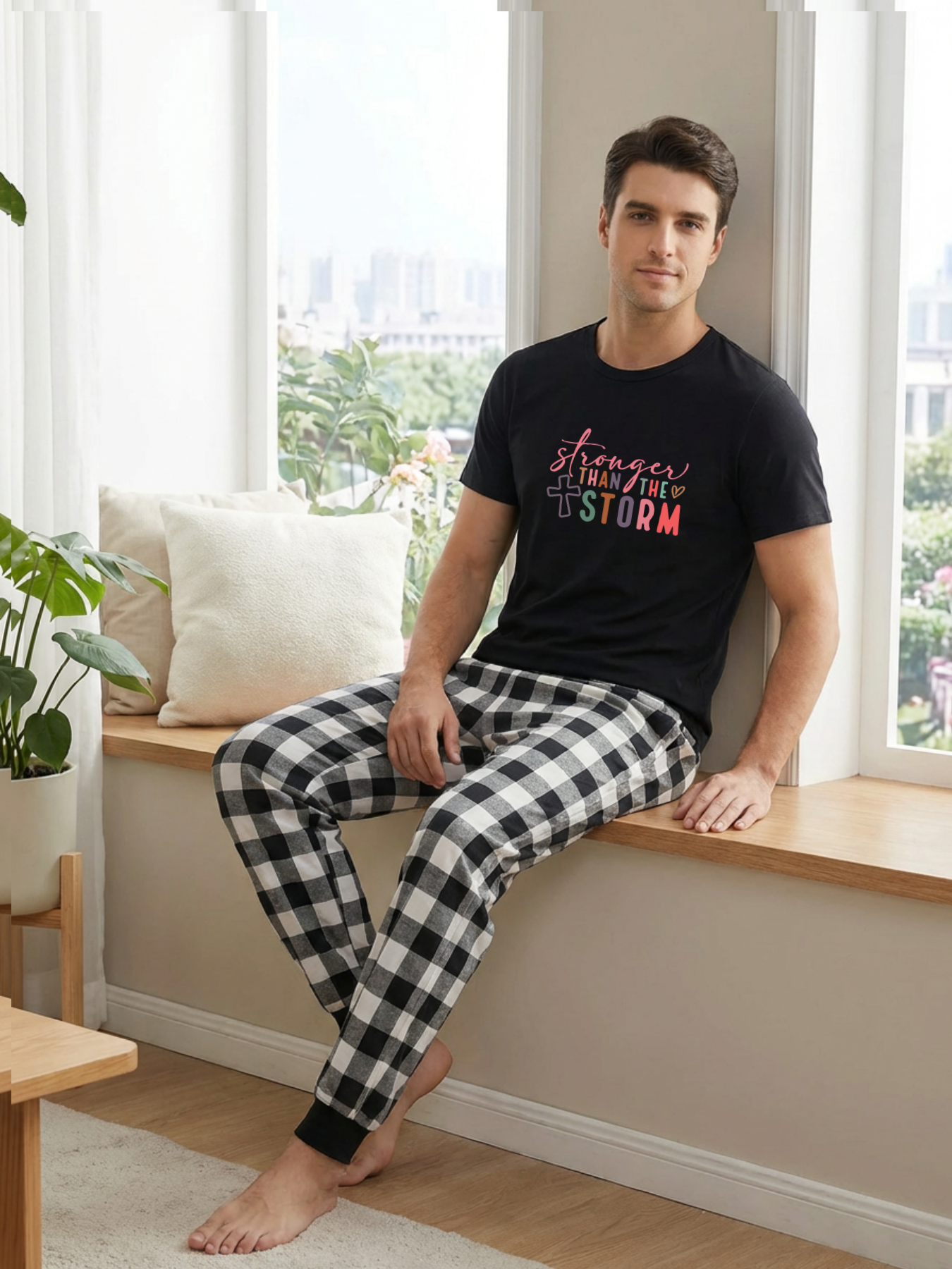 Strong Than The StrongText Printed Black Short Sleeve and Black&White Plaid Pants Family Matching Pajamas Set