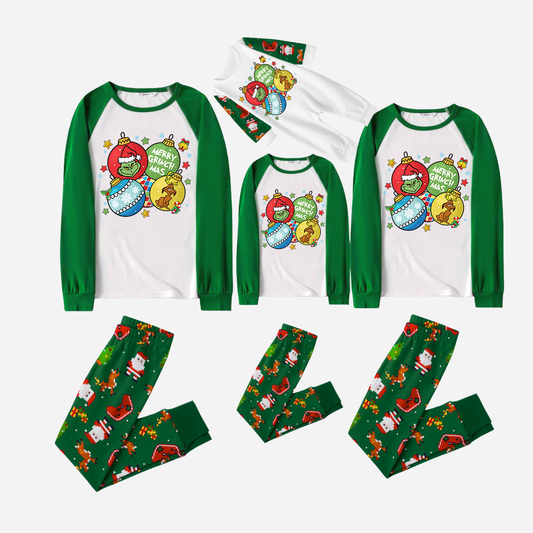 Joyful Green Raglan Top Christmas Pajamas Set With Ball Ornaments and Grinch Print