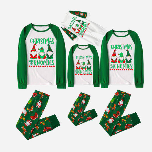Joyful Green Raglan Top Christmas Pajamas Set With "Christmas With My Gnomies" Text Print