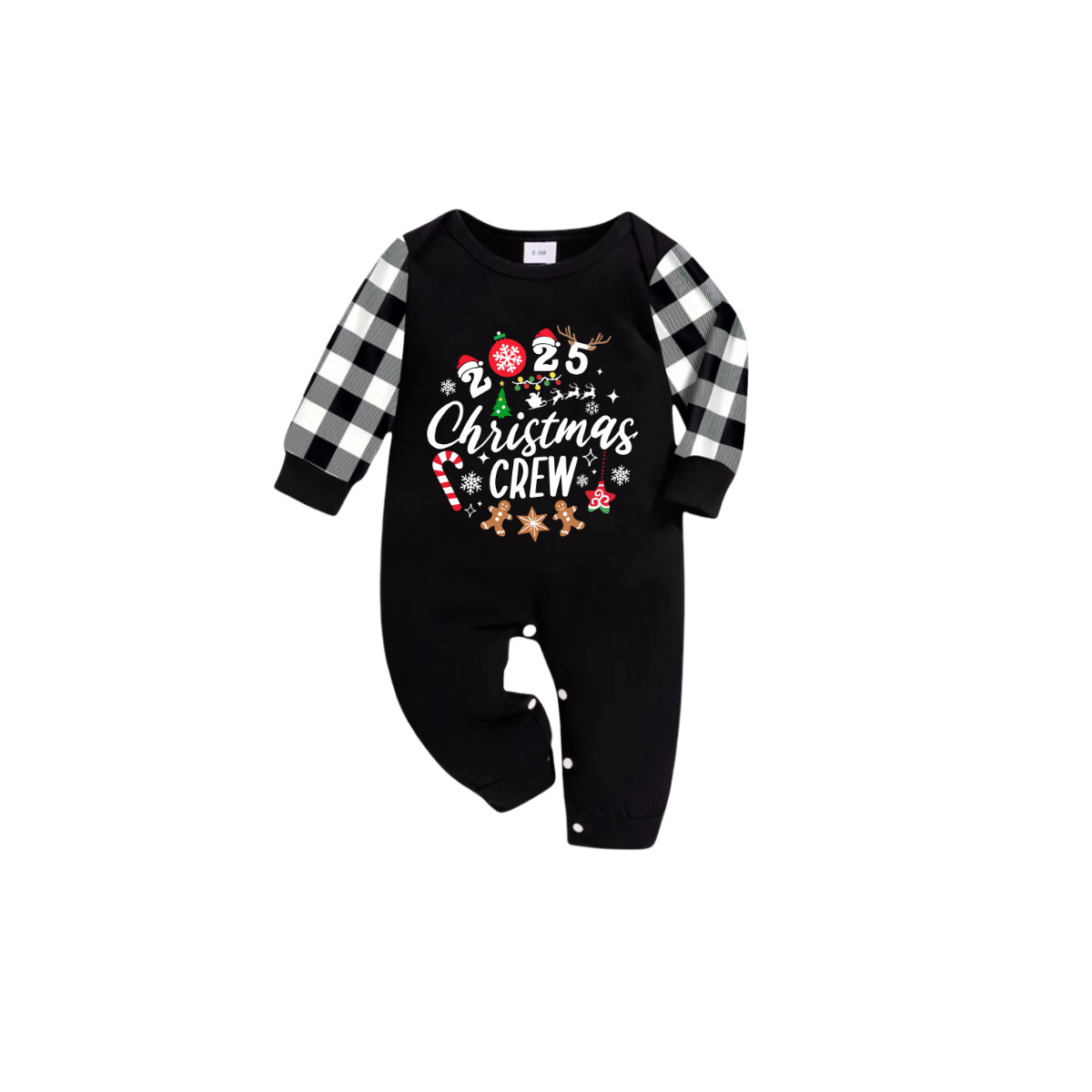 Christmas Crew 2025 Family Pajamas Set - Black Top Black and White Plaid Pants Candy Cane and Cookies Graphic