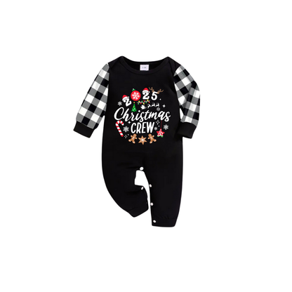 Christmas Crew 2025 Family Pajamas Set - Black Top Black and White Plaid Pants Candy Cane and Cookies Graphic