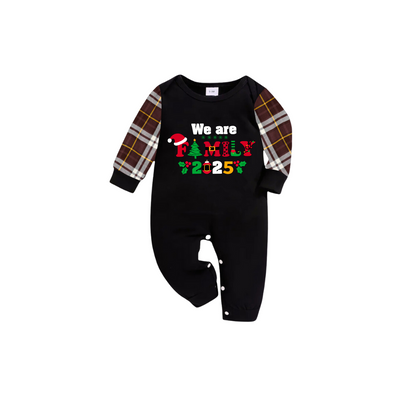 We Are Family Christmas 2025 Family Pajamas Set - Black Top, Brown Pants, Brown Plaid Sleeves