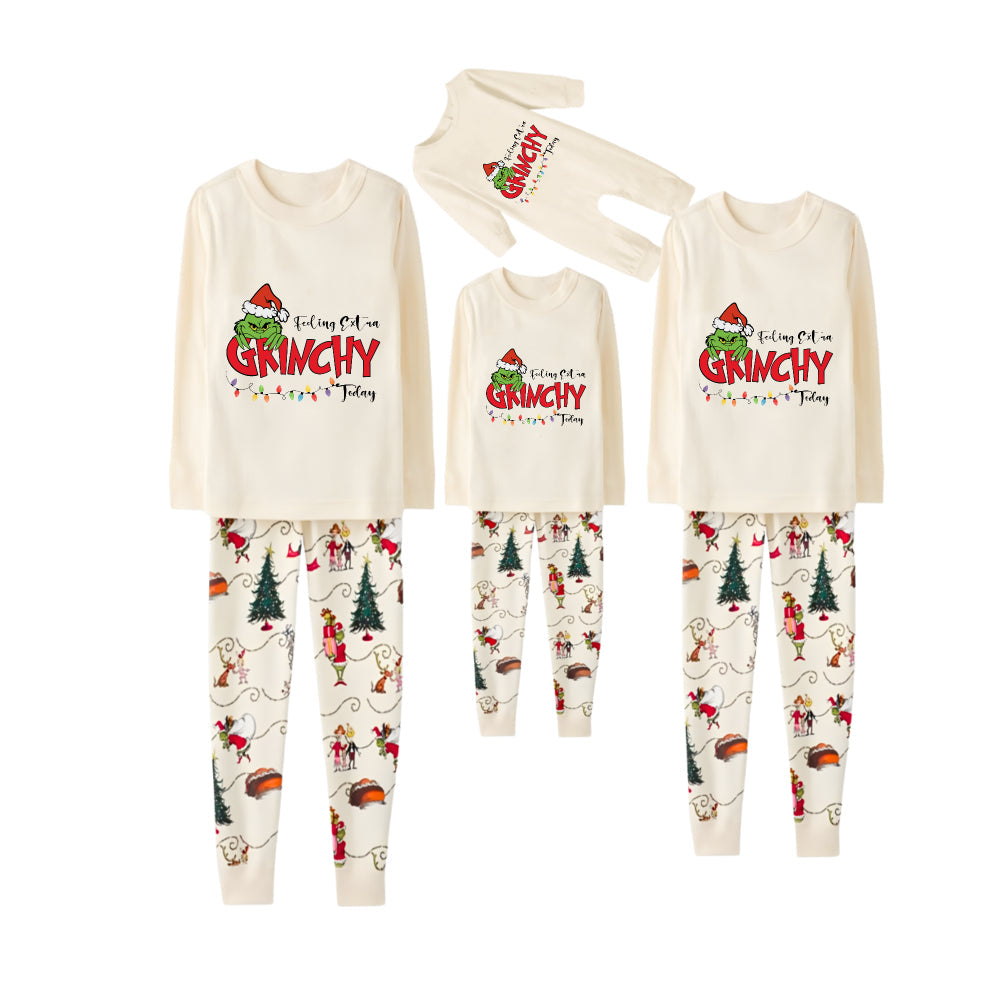 Beige Christmas Pattern Print Christmas Pajamas Set With Grinch and Holiday Slogan Print