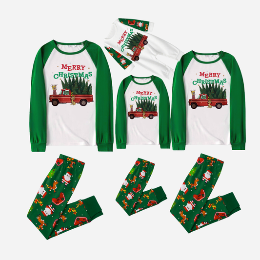 Joyful Green Raglan Top Christmas Pajamas Set With "Merry Christmas" and Christmas Tree Print