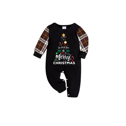 We Wish You a Merry Christmas Family Pajamas Set - Black Top / Brown Plaid Pants / Brown Plaid Sleeves
