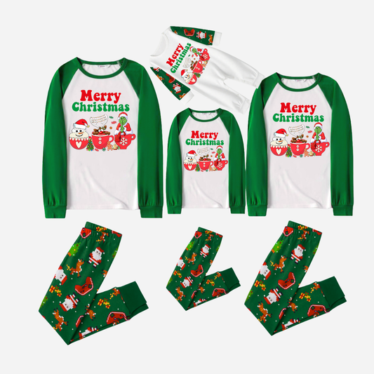 Joyful Green Raglan Top Christmas Pajamas Set With "Merry Christmas" and Cartoon Pattern Print