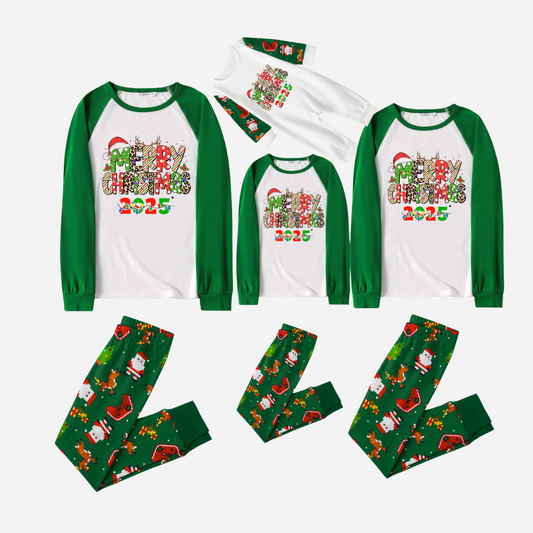 Merry Christmas 2025 Family Christmas Pajamas Set - White Top with Green Sleeves and Christmas Printed Pants