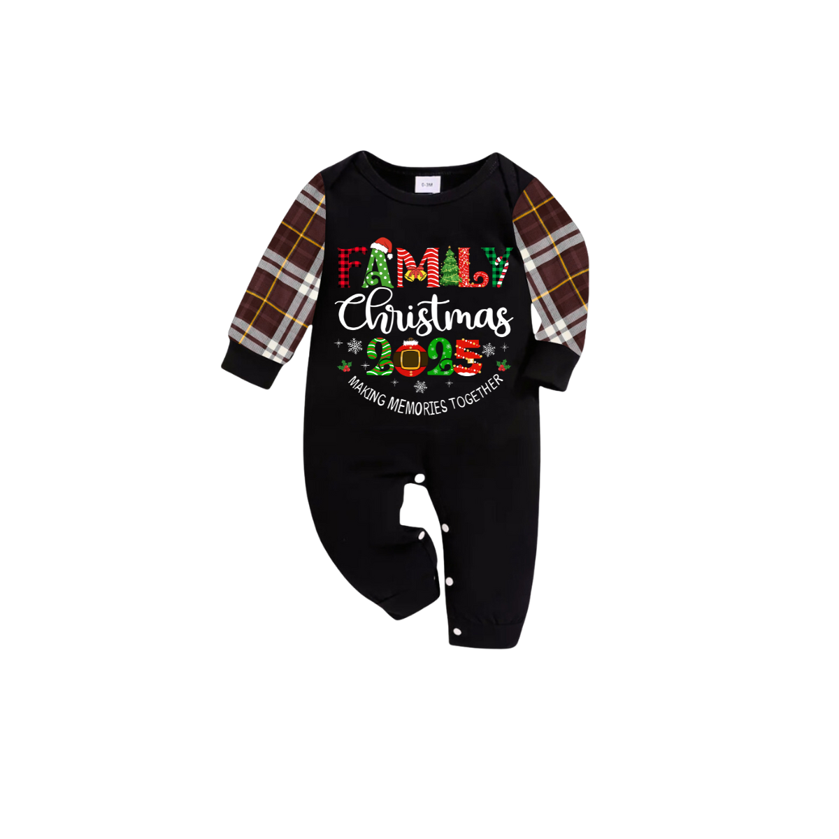 Family Christmas 2025 Making Memories Family Pajamas Set - Black Top, Brown Pants, Brown Plaid Sleeves