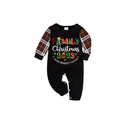 Family Christmas 2025 Making Memories Family Pajamas Set - Black Top, Brown Pants, Brown Plaid Sleeves