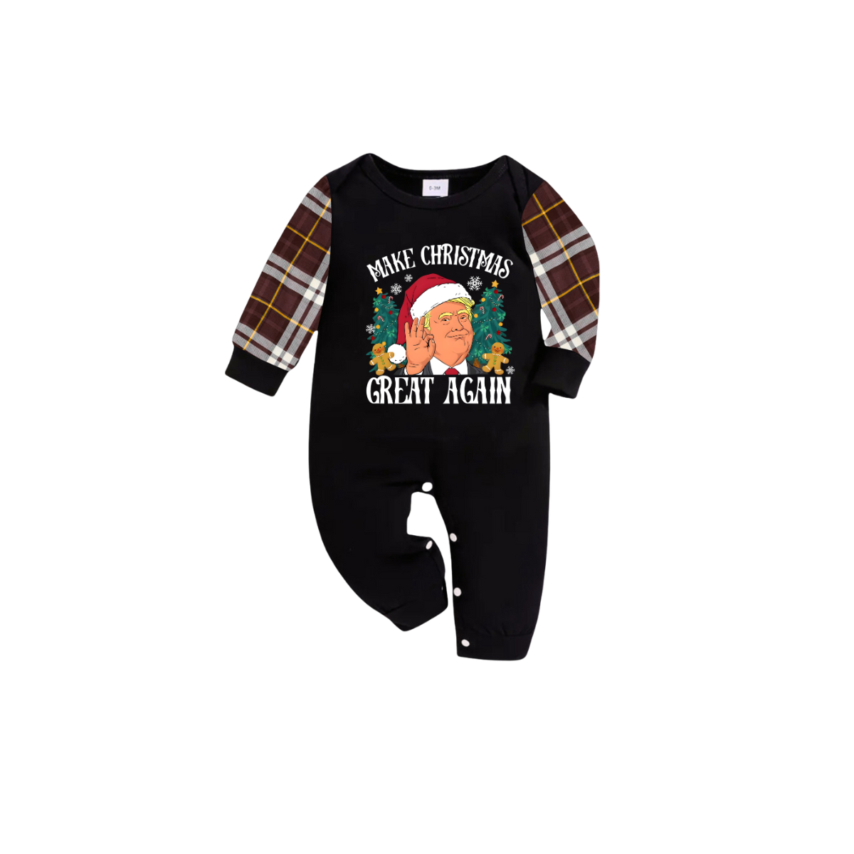 Christmas Cartoon Trump Make Christmas Great Again Family Pajamas Set - Black Top, Brown Pants, Plaid