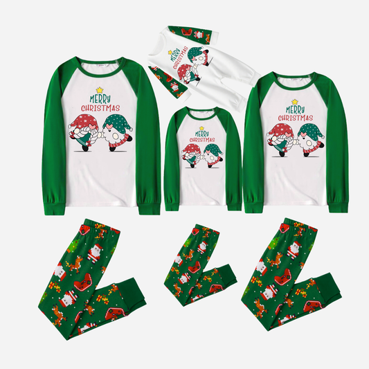 Joyful Green Raglan Top Christmas Pajamas Set With Gnome and Merry Christmas Text Print