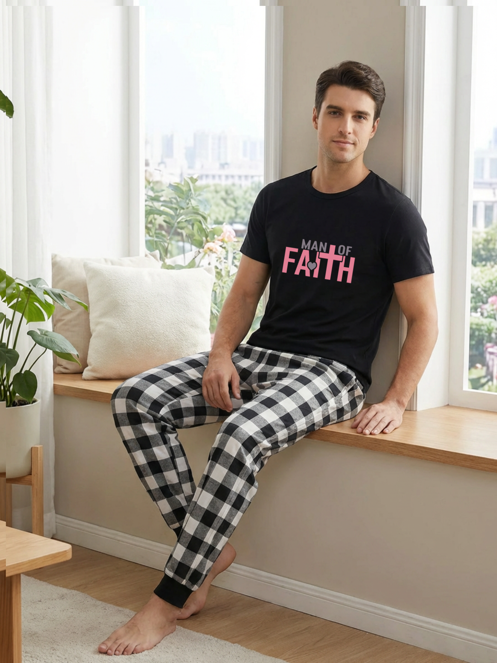 Black and White Plaid Short Sleeve Pajamas Set with Man Of Faith Text Printed