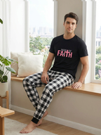Black and White Plaid Short Sleeve Pajamas Set with Man Of Faith Text Printed