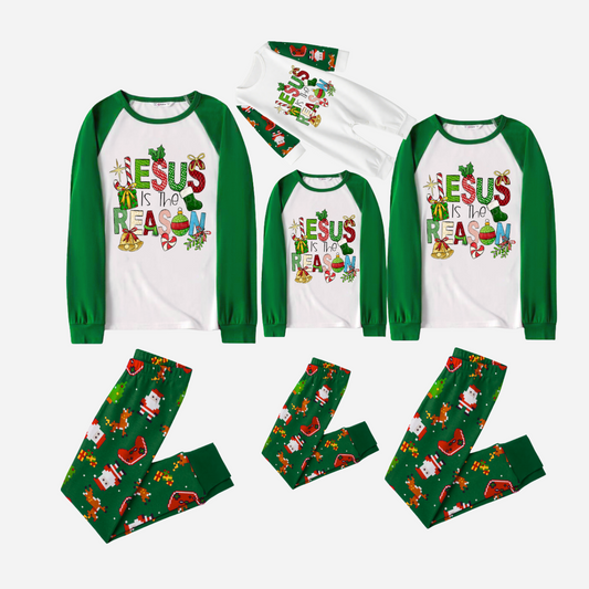 Christmas Cartoon Family Christmas Pajamas Set - White Top with Green Sleeves and Green Santa Print Pants and “Jesus is the Reason” Design