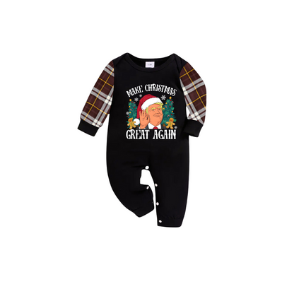 Christmas Cartoon Trump Make Christmas Great Again Family Pajamas Set - Black Top, Brown Pants, Plaid